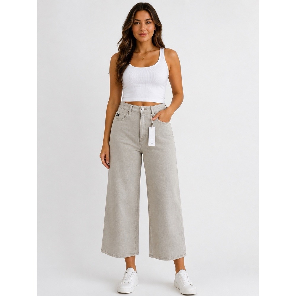 Kancan Womens 9/28 Ultra High Rise Cropped Wide Leg Jeans Beige NWT KC70073TP